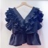 Vietnamese niche level ruffled edge fungus solid color casual cute top pastoral