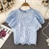 Retro Palace Style Style Bubble Short Sleeve Round Neck Hook Flower Hollow Water Dissolved Lace Shirt Women's Casual Short Top