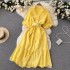Gentle style hollowed out V-neck bubble sleeve dress, summer fashionable temperament, waist cinching fairy long skirt