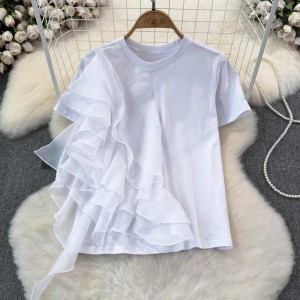Mesh ruffle edge patchwork short sleeved T-shirt for women's 2024 summer Korean version loose and slimming solid color casual versatile top