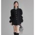 Design sense heavy work nail bead bubble sleeve pleated shirt for women's 2024 spring new loose and slimming mid length chic top