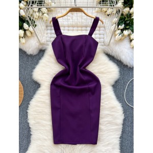High end purple camisole dress for women in 2024, new minimalist solid color temperament, slim fit, light mature style, buttocks wrapped skirt