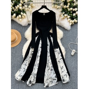 New Chinese women's clothing design with contrasting colors and vintage prints, high-end long sleeved early spring dress for women 2024 new