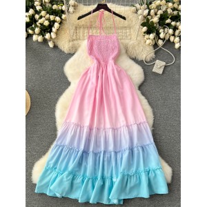 Vacation style, high-end feeling, gradually changing color, camisole dress, women's strapless backless, pure desire, spicy girl design, super fairy like long skirt