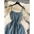 Korean Spring 2024 New Retro Denim Dress with Women's Style, Waist Closing, Slim and Long A-line Slim Strap Dress