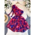 European and American style light luxury high-end floral diagonal collar dress for women in summer with tie up waist design, pure desire spicy girl short skirt