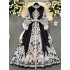 French retro court style printed lantern sleeves, long dress for women with tie up waist, slimming effect, large hem long skirt