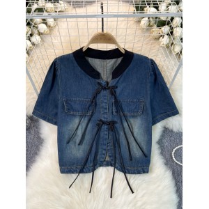Improved button up new Chinese style denim top for women's 2024 summer new Chinese style retro art versatile cardigan shirt