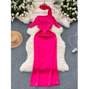 High end and luxurious Qianjin style dress, high-end light luxury and niche one line collar, off shoulder slim fit, medium length satin dress for women