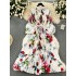 High end exquisite dress for women with a light and mature style, hollow lantern sleeves, loose tie up waist, printed pleated long skirt