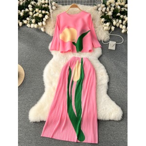 High end suit for women with tulip print, heavy work pleated top, fashionable and versatile half skirt two-piece set