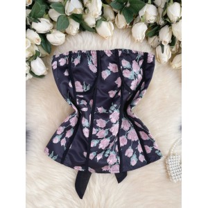 French retro print wrapped around the chest and paired with sexy hollowed out backless straps, slim fitting short style pure lustful top for women
