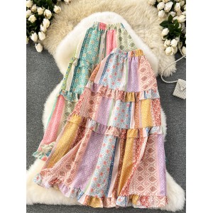 Tourism and vacation fashion design, printed color blocking, sweet girl feeling, ruffled edge skirt, women's mid length skirt