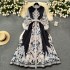 French retro court style printed lantern sleeves, long dress for women with tie up waist, slimming effect, large hem long skirt