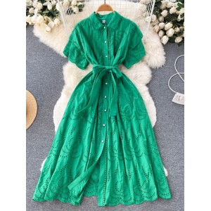High end and cool style, slim waist, hollow out short sleeved dress for summer women, French chic and beautiful long skirt
