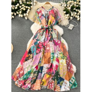 High end French dress for women in 2024, new design with floral print and tie up waist length chiffon vacation dress