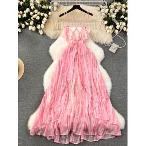 Beach vacation outfit for women, fairy high-end atmosphere, sexy backless high waisted chiffon suspender long dress