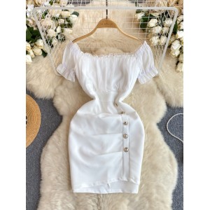 Small stature wearing sweet wooden ear edge one line collar off the shoulder bubble sleeve buckle slim fit wrap buttocks skirt temperament dress