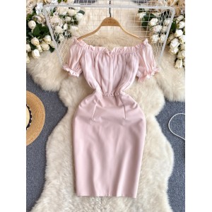 Sweet Auricularia Edge One line Neck Off Shoulder Bubble Sleeves Chiffon Spliced Slim Fit Wrapped Hip Skirt High end Dress for Women