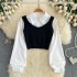 Korean style fashion design with a fake two piece top, women's short knitted vest with contrasting color patchwork, long sleeved shirt collar, small shirt