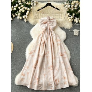 Sweet Atmosphere Holiday Dress 2024 Summer French Pure Desire Style Three Dimensional Flower Hanging Neck Strap Fairy Dress