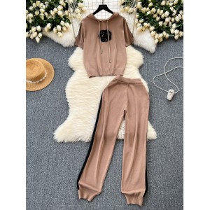 Hong Kong style casual suit for women, chic, western-style, fashionable hooded knit top, small leg pants, sportswear two-piece set