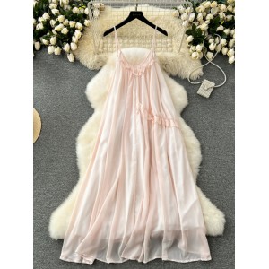 Pink Dress Women's 2024 Summer Beach Vacation Strap Chiffon Fairy Dress French Luxury and Unique Long Dress