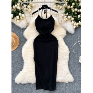 White Moonlight Qianjin Style High end Luxury Dress, High end Light Luxury, Small Crowd Bead Hanging Neck Dress, Women's Summer Vacation Dress