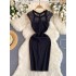 Heart trick perspective lace splicing high-end feeling small black dress light mature style women's clothing temperament slim fit mid length dress for women