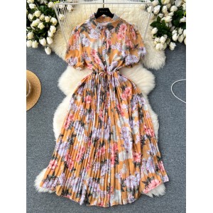 French Retro Vacation Style Kikyu Skirt Lace up Waist for Slimming Mid length, Folded Printed Chiffon Dress for Women