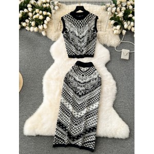 European and American style retro jacquard knitted suit for women's sleeveless vest+medium length skirt for high-end luxury ladies two-piece set