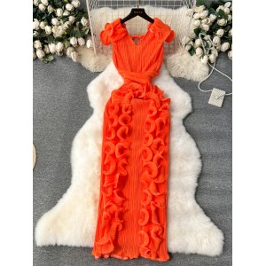 Banquet haute couture dress high-end light luxury niche pleated three-dimensional ruffle edge slim fit long style temperament dress for women