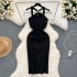 High end and elegant design for senior ladies. Hanging neck and suspender dress for women. Slim fit, medium length, sexy buttocks wrapped skirt dress