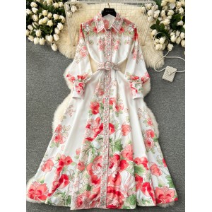 French retro court style dress, high-end, light luxury, niche print, button up, slim fit, long shirt collar, dress for women
