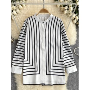 European and American foreign trade women's high-end shirts, women's loose and slimming design, striped long sleeved shirts, spring top for women
