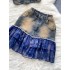 Millennium Spicy Girl Style Denim Sling Set Summer Heavy Industry Beaded Vest+High Waist Mesh Spliced Short Skirt Set