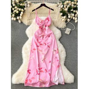 French light luxury and high-end feeling camisole floral dress for women in summer with exposed navel and slit design, pure desire spicy girl long dress
