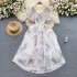 French Dress Women's 2024 New Design with Irregular Halo Dyeing Printing for Age Reducing Bubble Sleeves Chiffon Vacation Dress