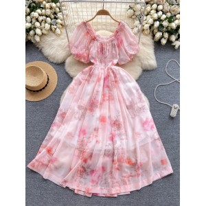 French Dress Women's 2024 New Design with Irregular Halo Dyeing Printing for Age Reducing Bubble Sleeves Chiffon Vacation Dress