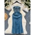 European and American retro spicy girl style suspender denim dress for women with summer waist closure and slit design, showing off a small figure long skirt
