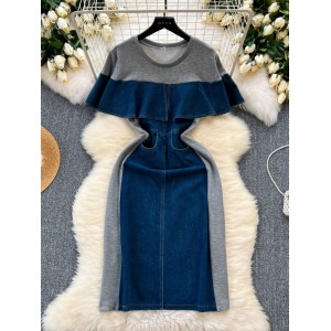 Small and high-end fake two-piece patchwork denim dress for women's Korean version with retro ruffle edge and waist style long skirt
