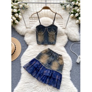 Millennium Spicy Girl Style Denim Sling Set Summer Heavy Industry Beaded Vest+High Waist Mesh Spliced Short Skirt Set