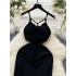 French haute couture black camisole dress for women, sexy hollow out slim fit, slimming temperament, slit wrap buttocks, spicy girl skirt