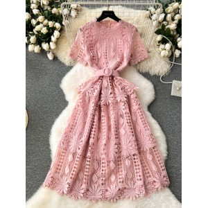 French retro design with embroidery, hollowed out lace dress, high-end niche, ruffled edge slim fit, medium length dress