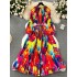 High end exquisite dress for women with a light and mature style, hollow lantern sleeves, loose tie up waist, printed pleated long skirt