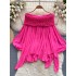 Fairy Top Super Immortal Sweet Heavy Work Wrinkled One Line Neck Off Shoulder Pure Desire French Bubble Sleeves Irregular Chiffon Shirt