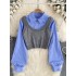 Korean style fashion design with a fake two piece top, women's short knitted vest with contrasting color patchwork, long sleeved shirt collar, small shirt