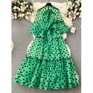 European and American Foreign Trade Sweet Bow Neck Tie Slim Fit Long Ruffle Edge Large Wave Dot Bubble Sleeve Dress for Women