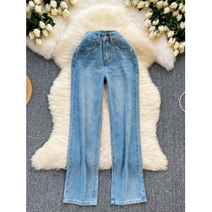 Light blue jeans for women's Korean casual fashion versatile summer pants high waisted slimming straight leg wide leg cropped pants