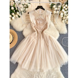 Palace style small dress, high-end niche embroidery, slim fit short sleeveless vest skirt, mesh fairy dress